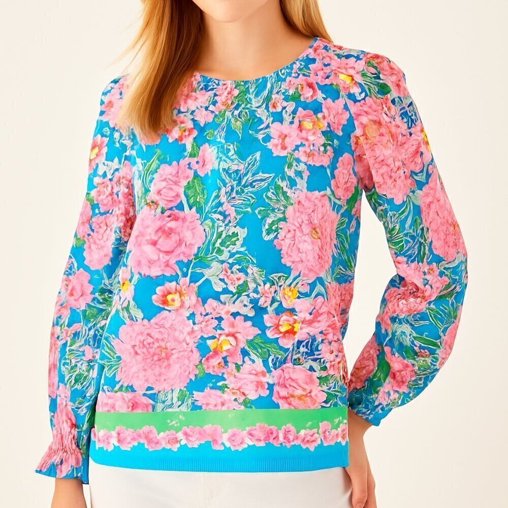 Lilly Pulitzer Preppy Colorful Trista Blouse Top Multi Rose to the Occasion L - Picture 5 of 14